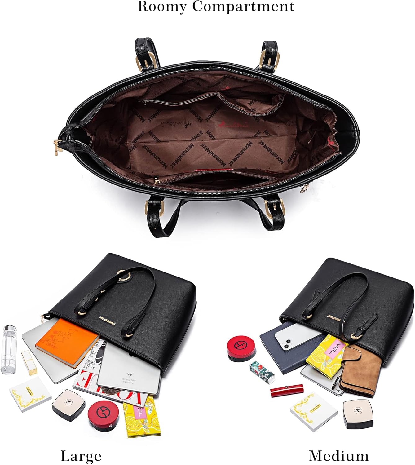 Tote Handbag for Women Vegan Leather Shoulder Bag Large and Medium 2PCS Purses Set MWC2-G030BK